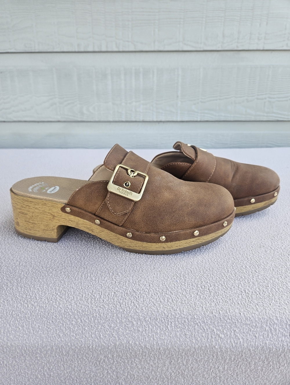 Dr. Scholls Classic Clog Mules Brown Women SZ 9 Faux Suede Buckle Slip-On